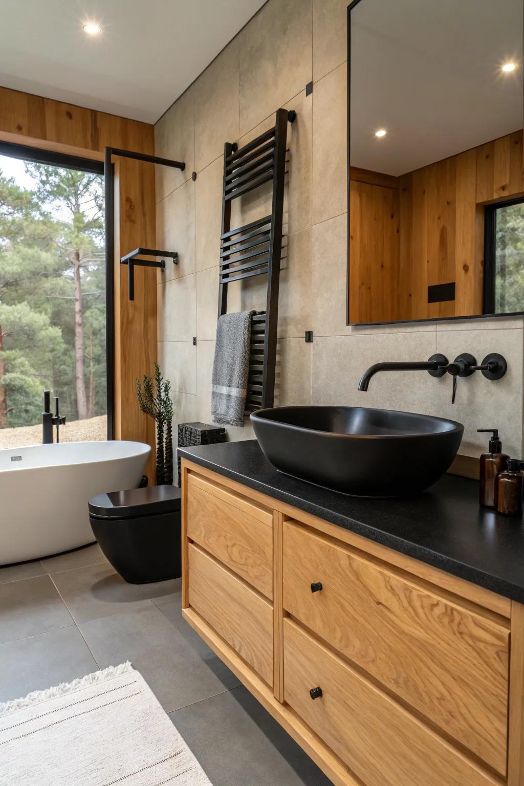 Black matte fixtures presenting a contemporary advantage to rustic aesthetics.