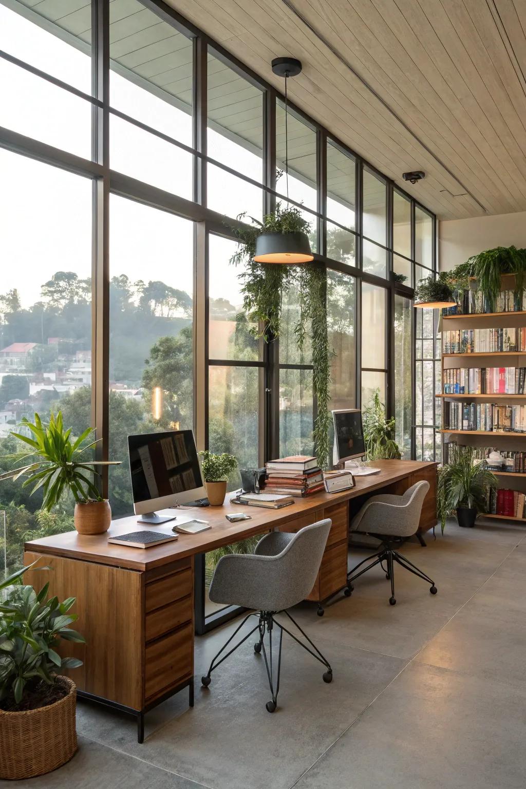 All-natural light enhances the ambiance and energy in a rustic office.
