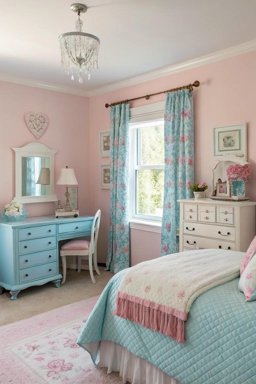Pastel accents bring color while maintaining the serene quality of a shabby chic bedroom.