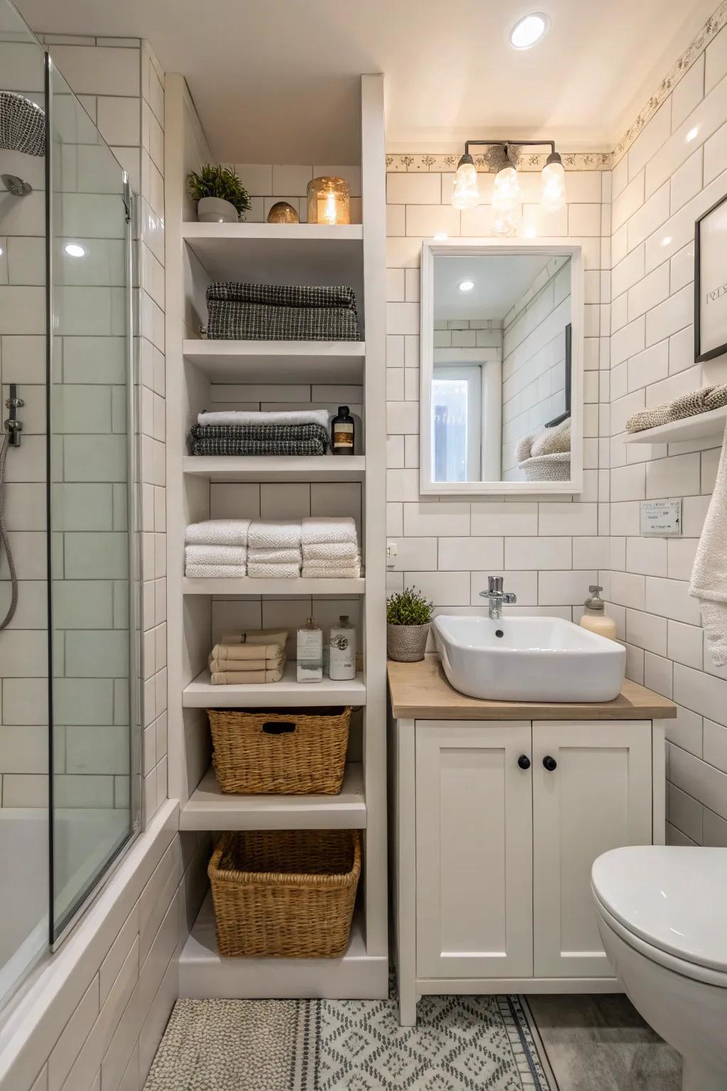Smart storage solutions keep this small bathroom organized.