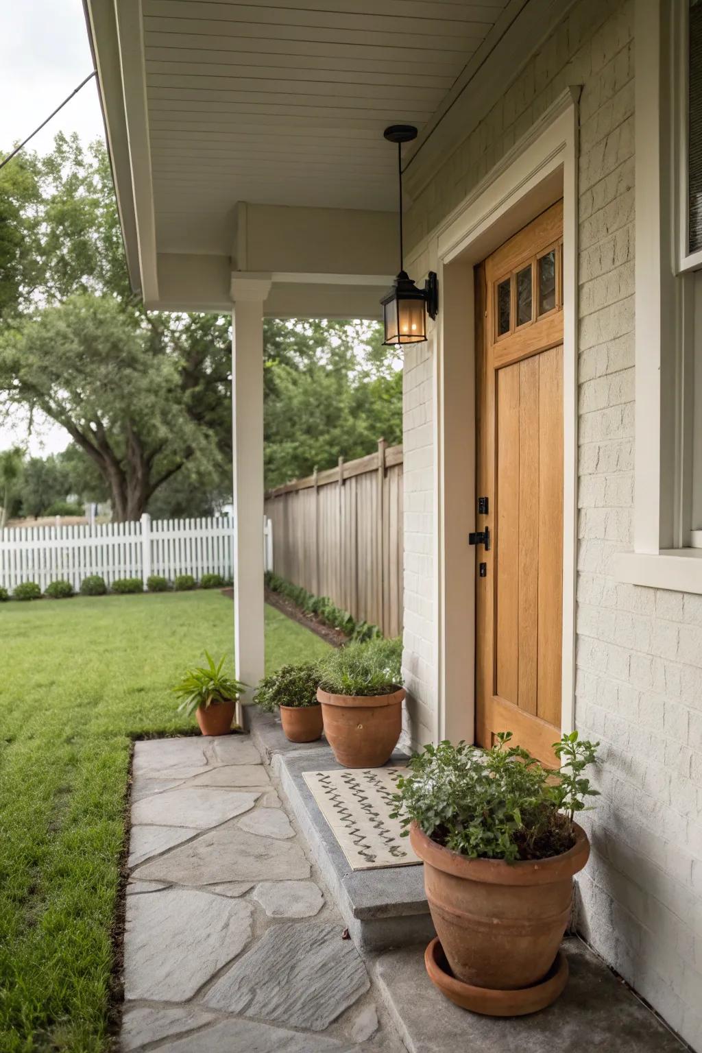A compact front porch presenting an understated and earthy color scheme for a calming effect.