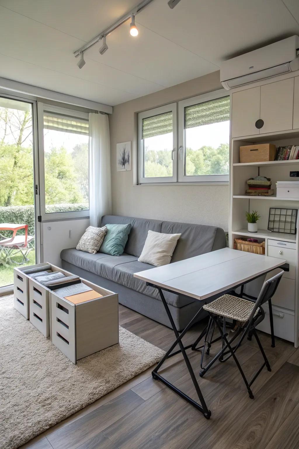 A functional layout in a compact, modern living room featuring multi-purpose furniture.
