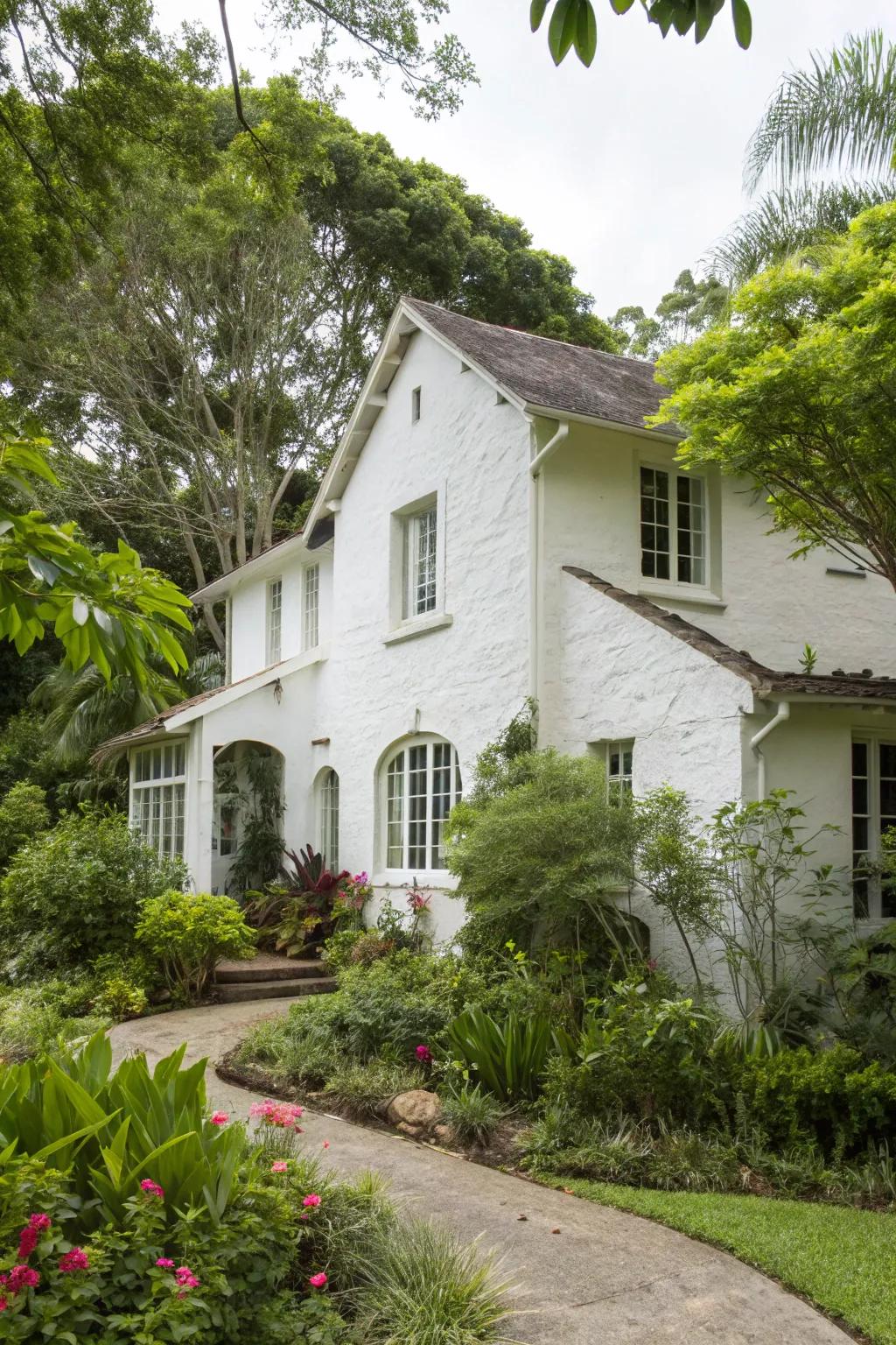 Chalky stucco home surrounded by greenery.