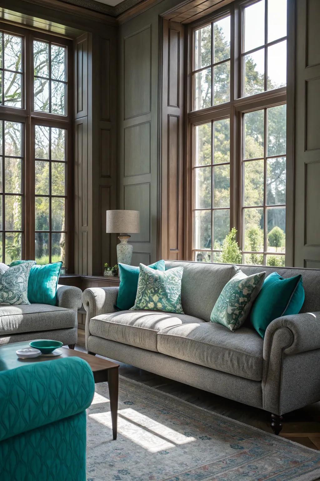 Natural light transforms the teal and gray living room, creating a vibrant atmosphere.