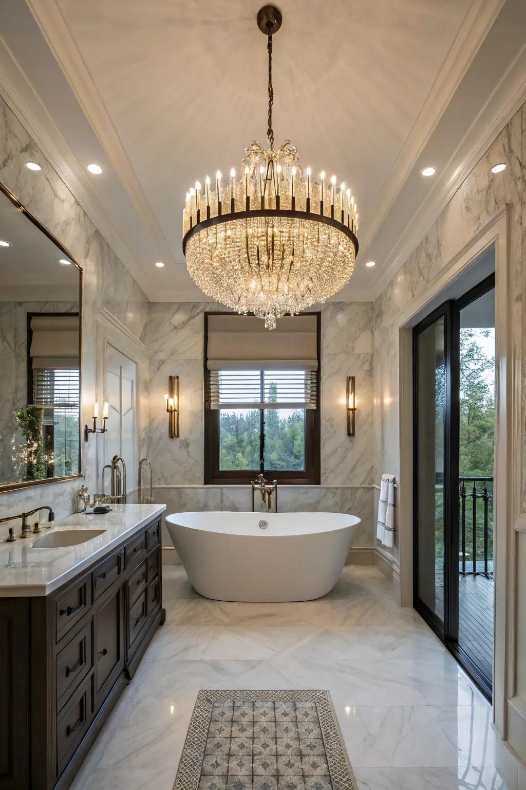 A striking chandelier enhances bathroom elegance.