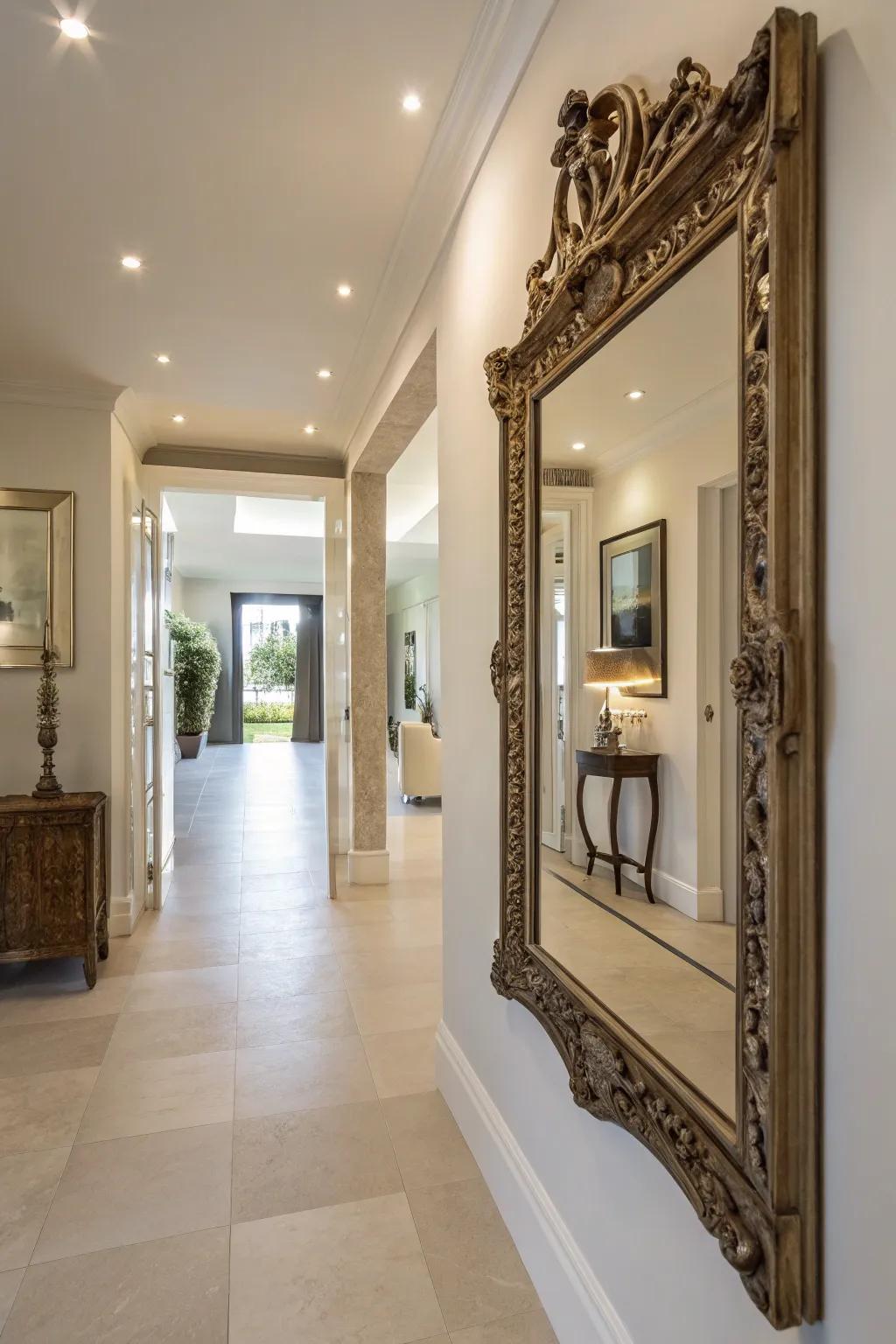 A vintage mirror enhancing light and area in an entryway.