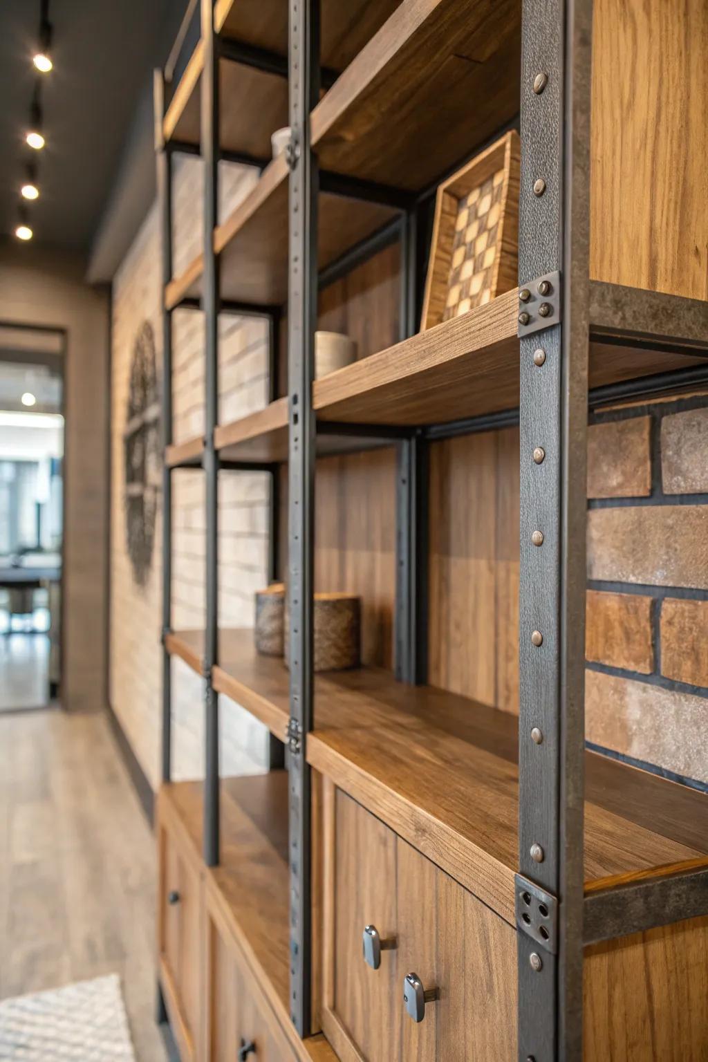 A wall niche combines wood and metal for a textured appearance.