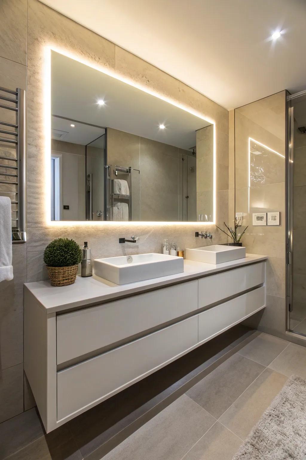 Wall-hung vanities create an airy feel.