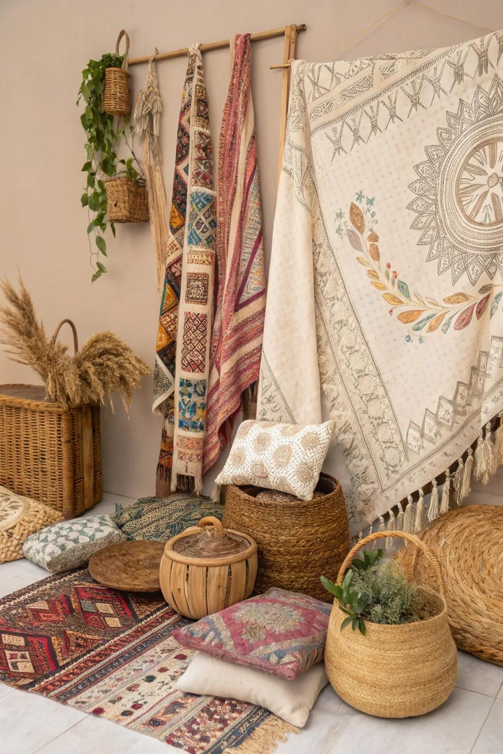 A bohemian mood board bursting with energetic colors and patterns.