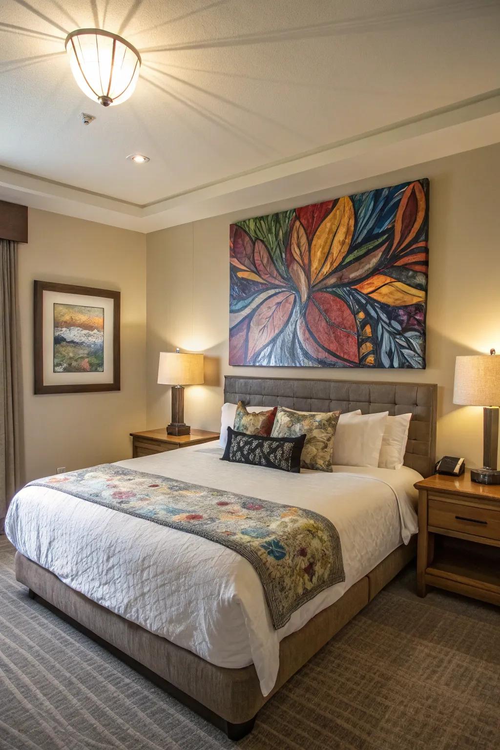 A bedroom featuring a large contemporary art piece above the bed.