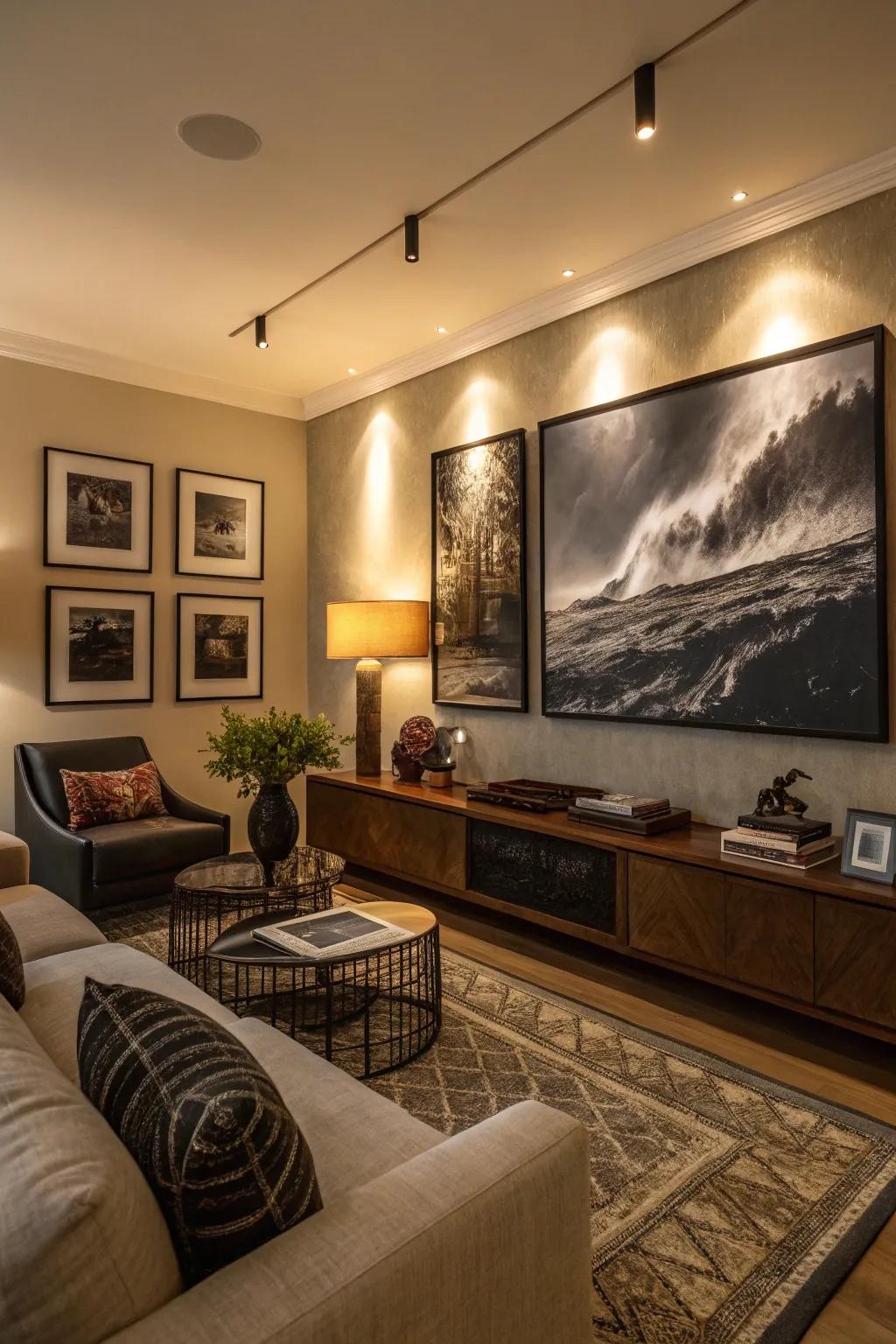 Artistic pieces in an atmospheric living space with a gallery arrangement.
