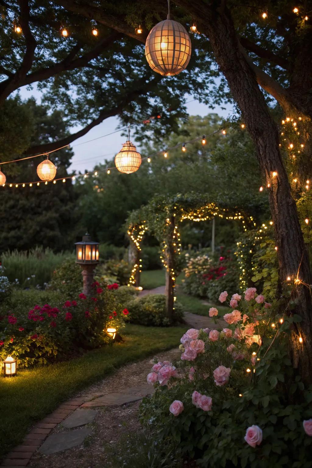 Fairy lights and lanterns create a bewitching ambiance.