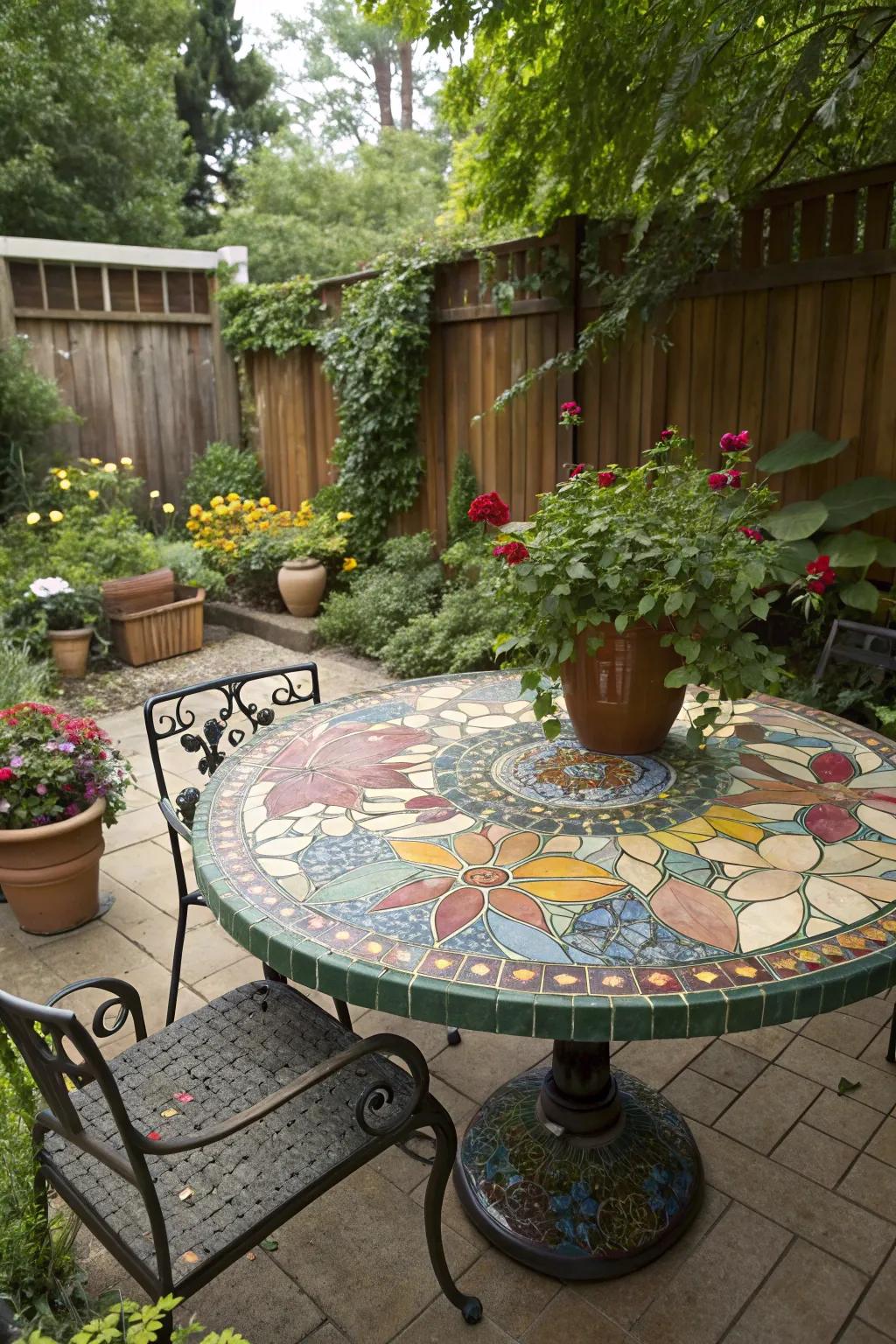 An exterior mosaic table introduces dynamic style to garden environments.