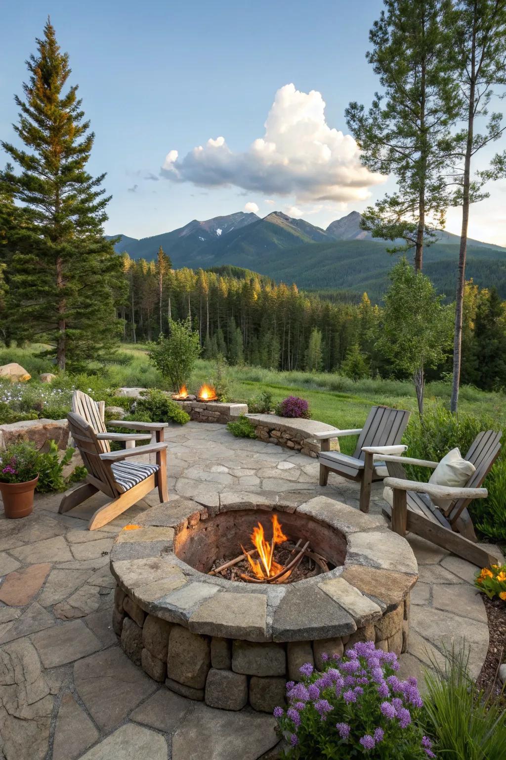 An attractive stone fire pit creates the perfect cozy environment for mountain evenings.