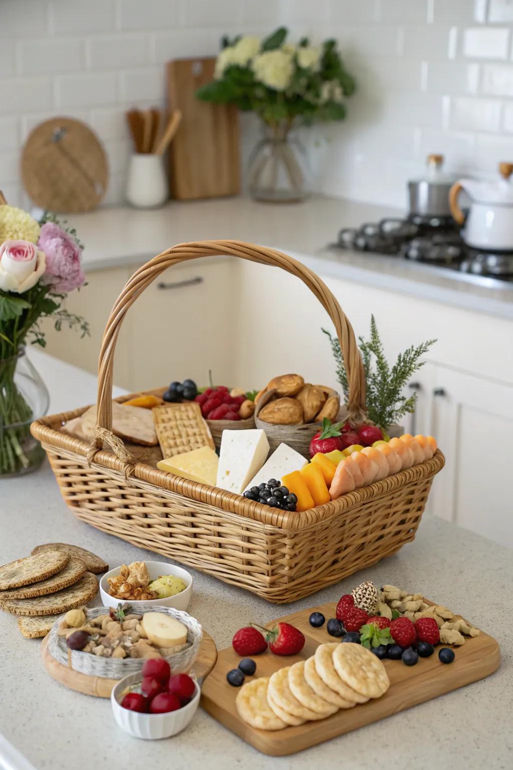 A gourmet basket brimming with tasty treats to mark new home celebrations.