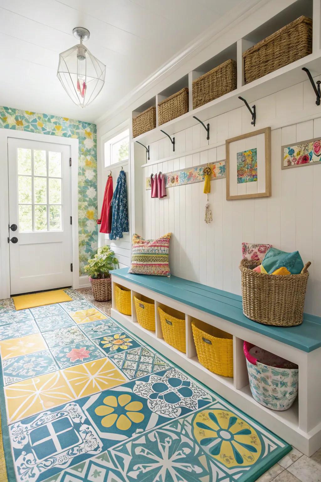 Patterned vinyl tiles inject color and personality into your mudroom.