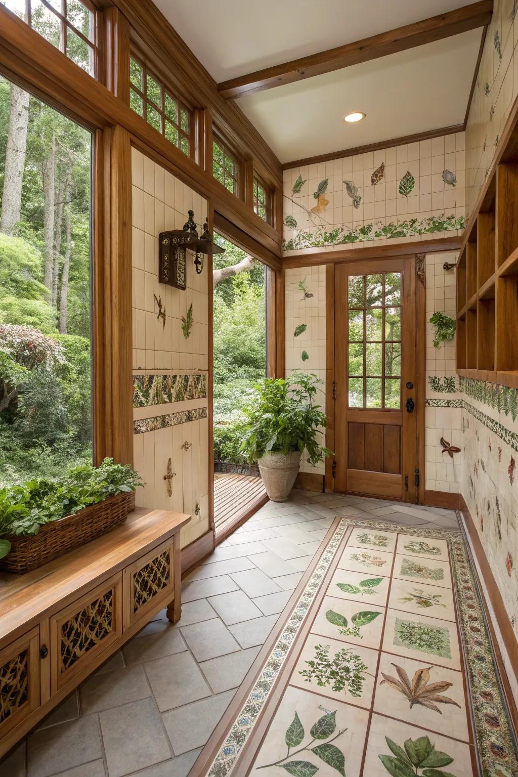 Nature-themed tiles creating calm in a mudroom