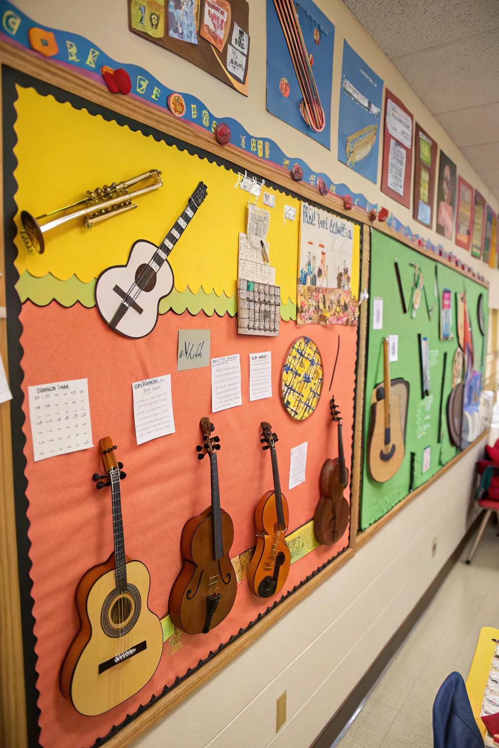 Engaging display board with handmade instrument shapes.