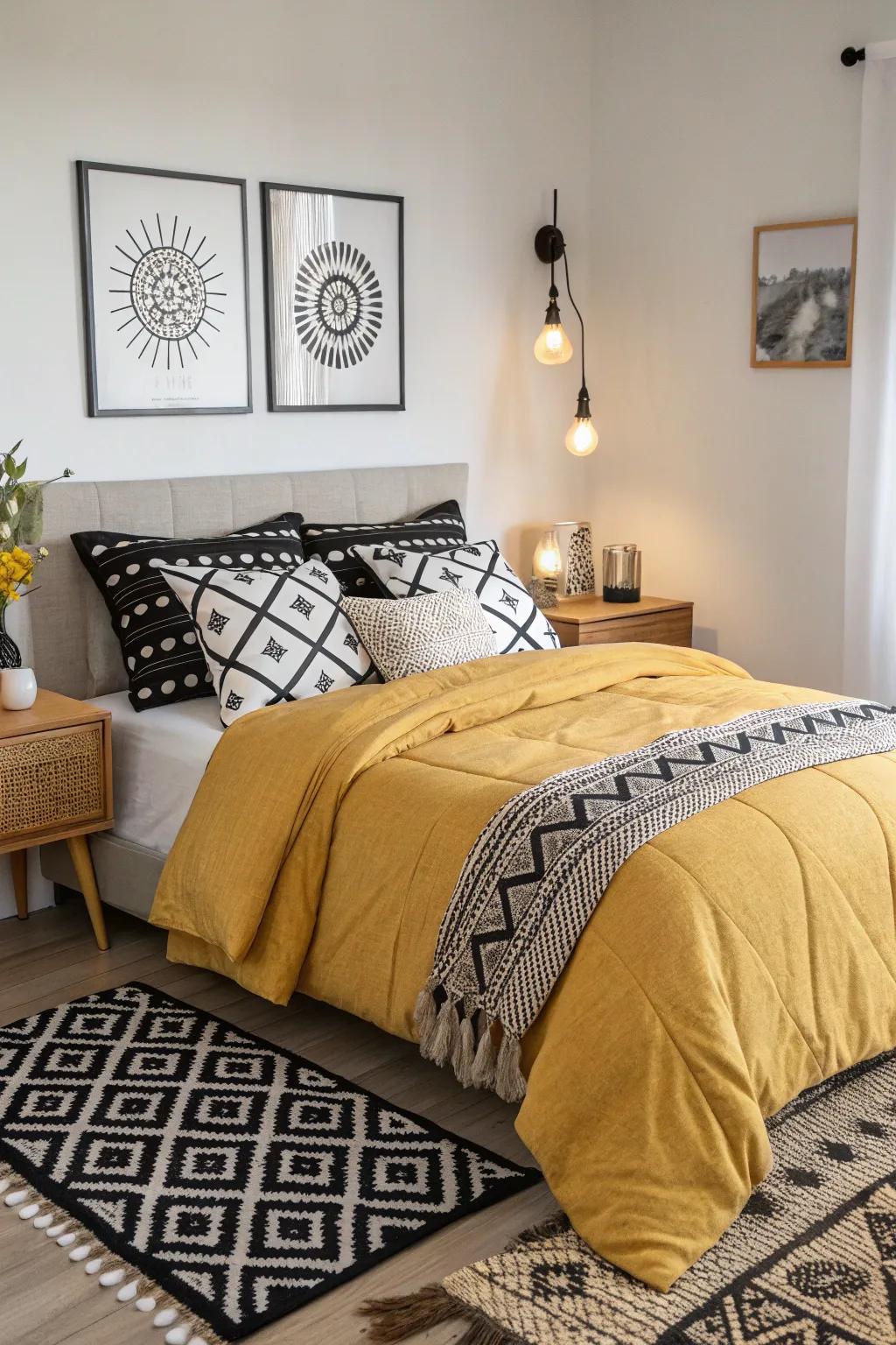 A chic bedroom with the ideal balance of goldenrod and monochrome.