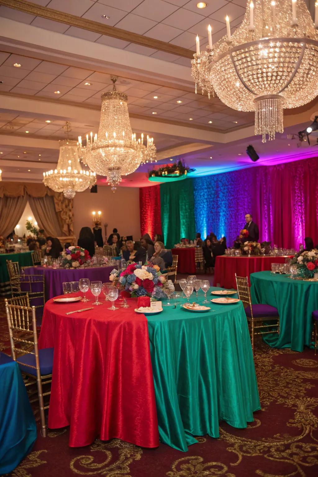 A vibrant jewel-tone color theme adds a distinct flair to the reception.