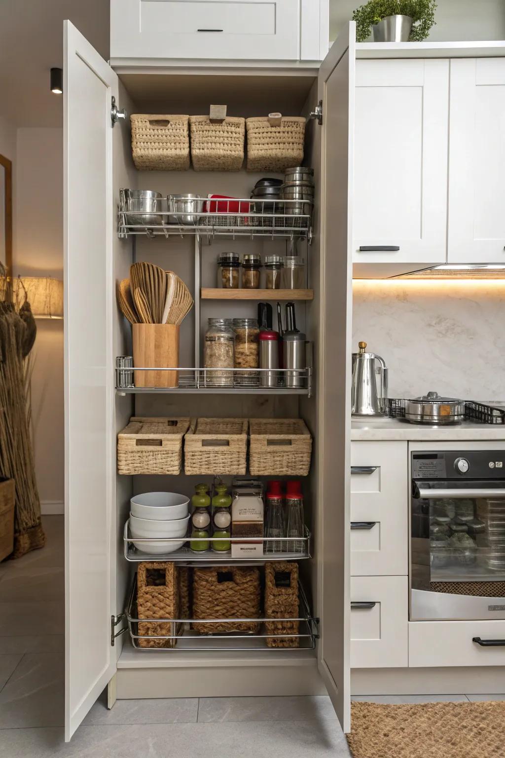 An open slim cabinet that features racks and dividers for structured storage.