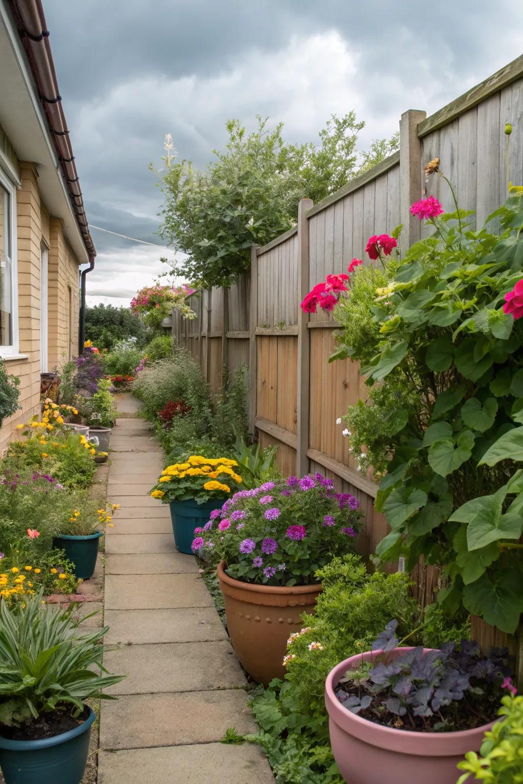 Container plants offer flexibility and style in narrow spaces.