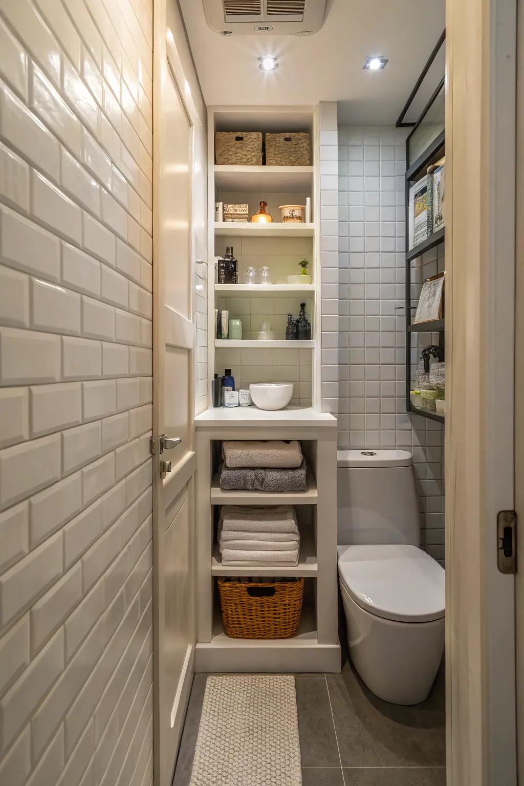 Recessed shelves add storage without taking up space in small bathrooms.