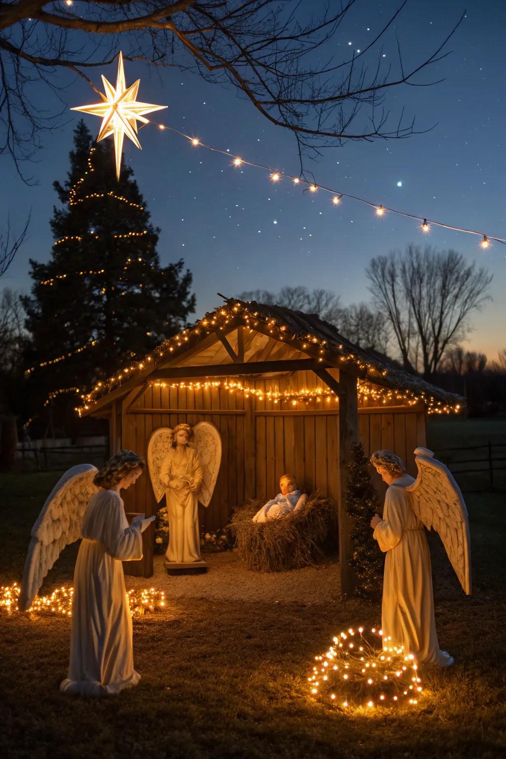 Angelic figures and glowing lights fashion a peaceful nativity.