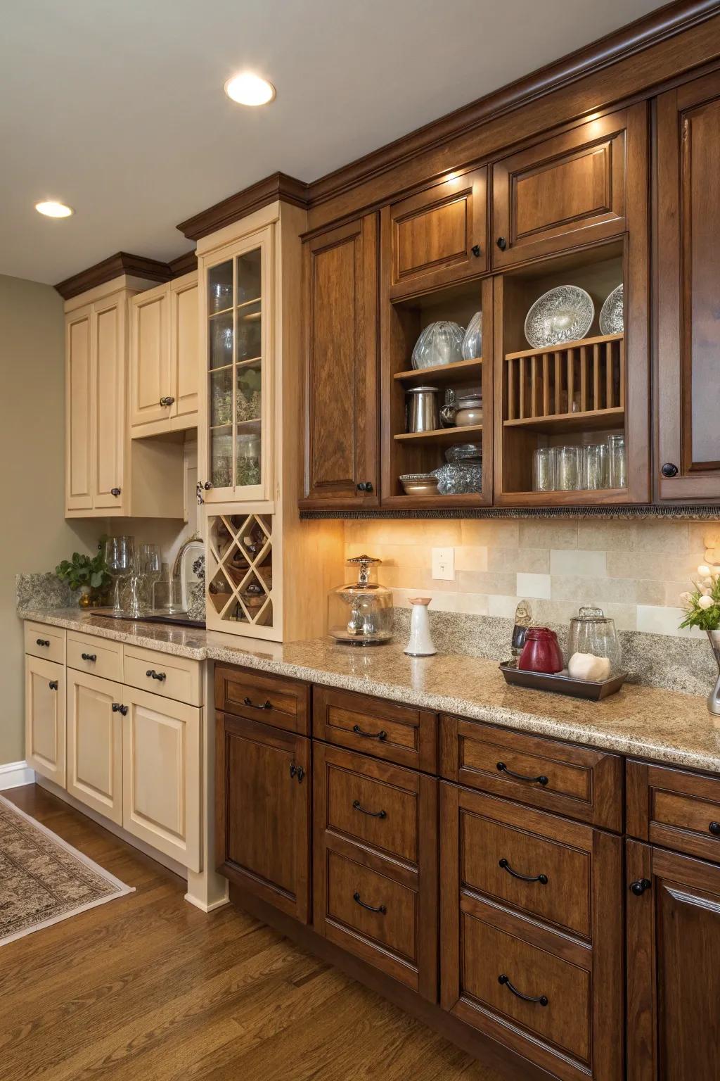 A vibrant dual-shade cabinet design.