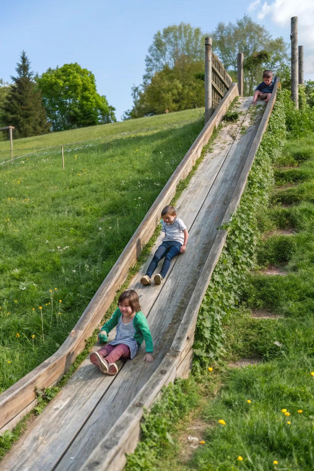 Wooden slides add excitement to natural landscapes.