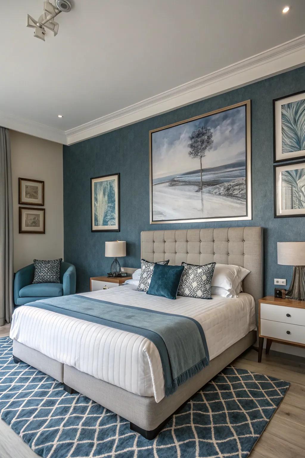 The strategic artwork in blue and grey enhances the soothing atmosphere throughout the bedroom.