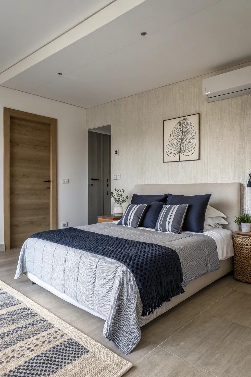 Embrace simplicity with dark blue and grey for a soothing ambiance.
