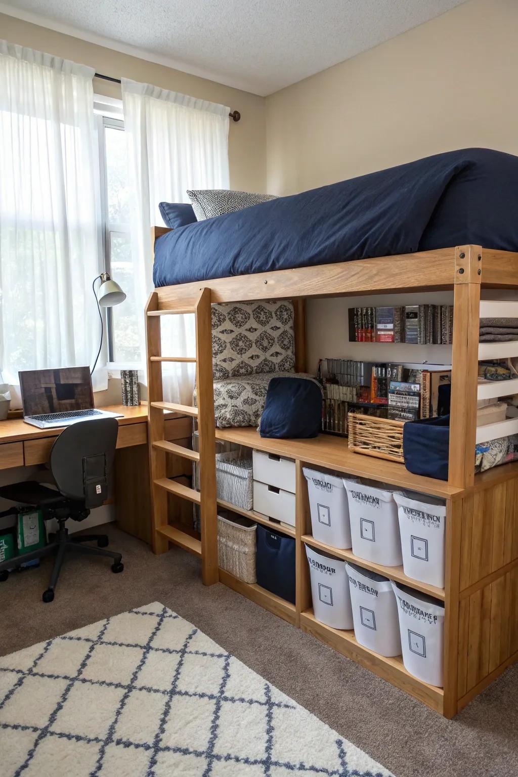 Maximize area using practical furniture that fits with the navy blue theme.