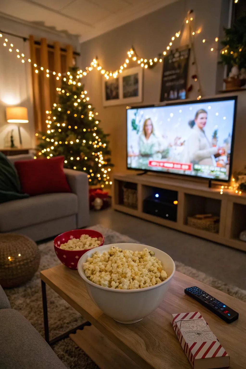 A comfortable area prepared for a fun holiday movie fest.