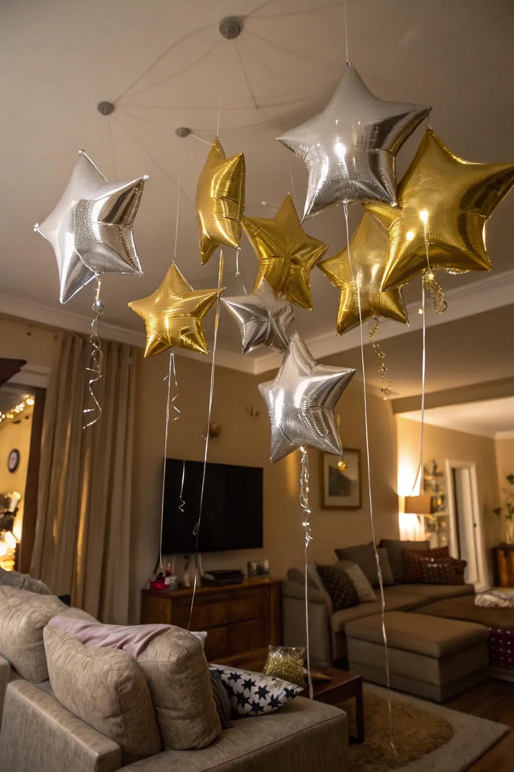 Star balloons gracing the ceiling, imbuing a dash of enchantment to the New Year's celebrations.