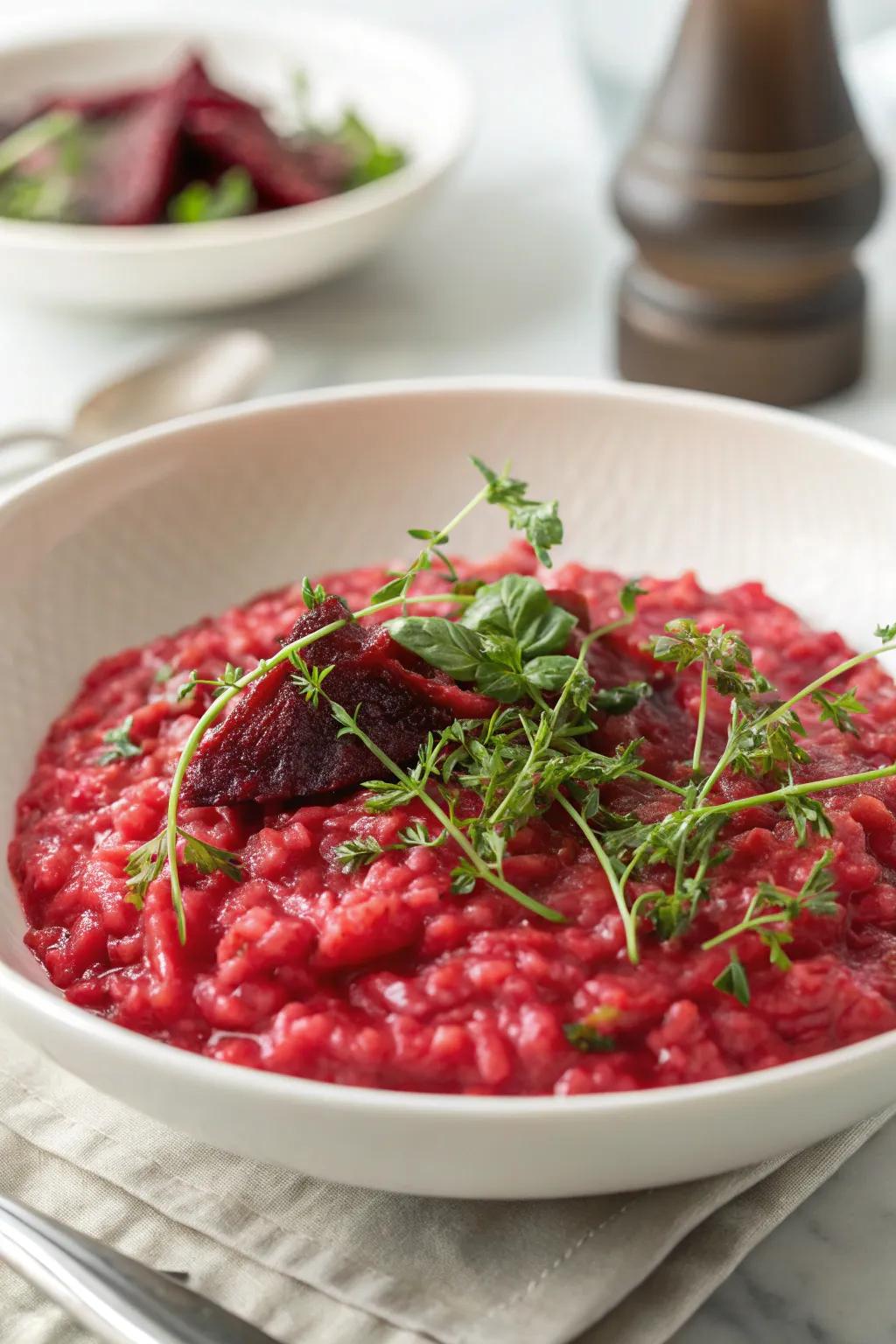A vibrant Crimson Root Risotto, adding a pop of color to your New Year's dinner.