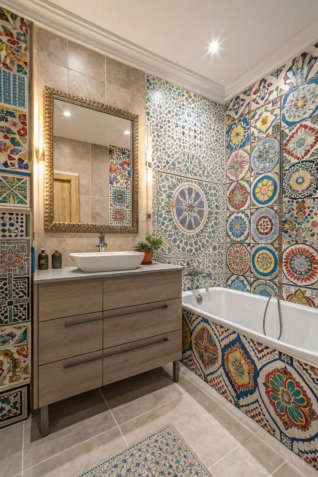 Detailed decorative tiles adding character to a bathroom wall.