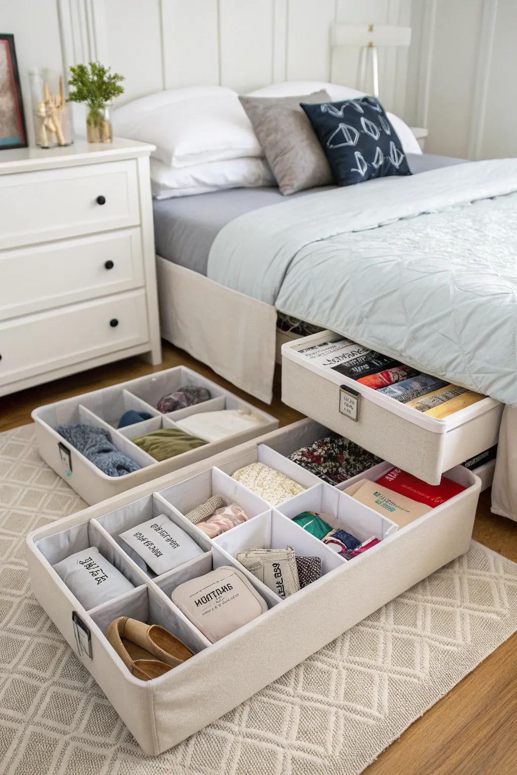 Under-bed storage keeps items accessible yet hidden.