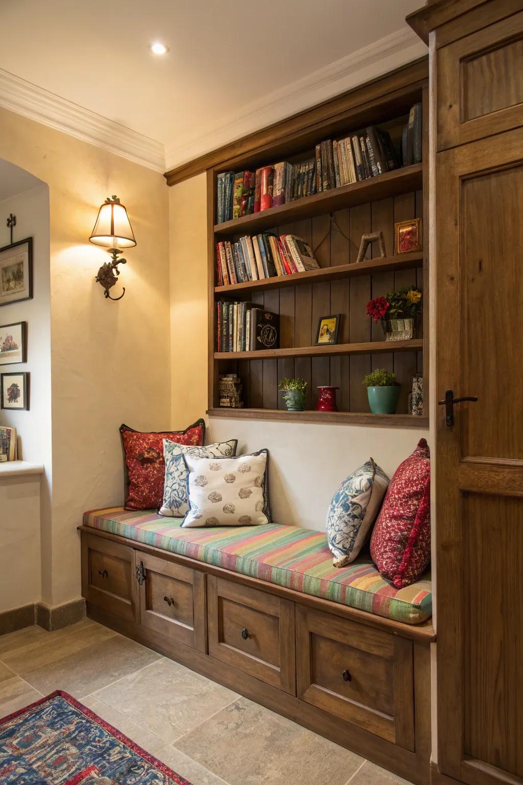 Transform an alcove into a snug retreat with a bench and a burst of color.