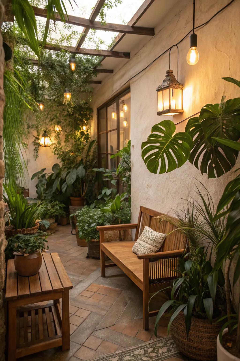 A peaceful nook showcasing organic elements like plants and wood.