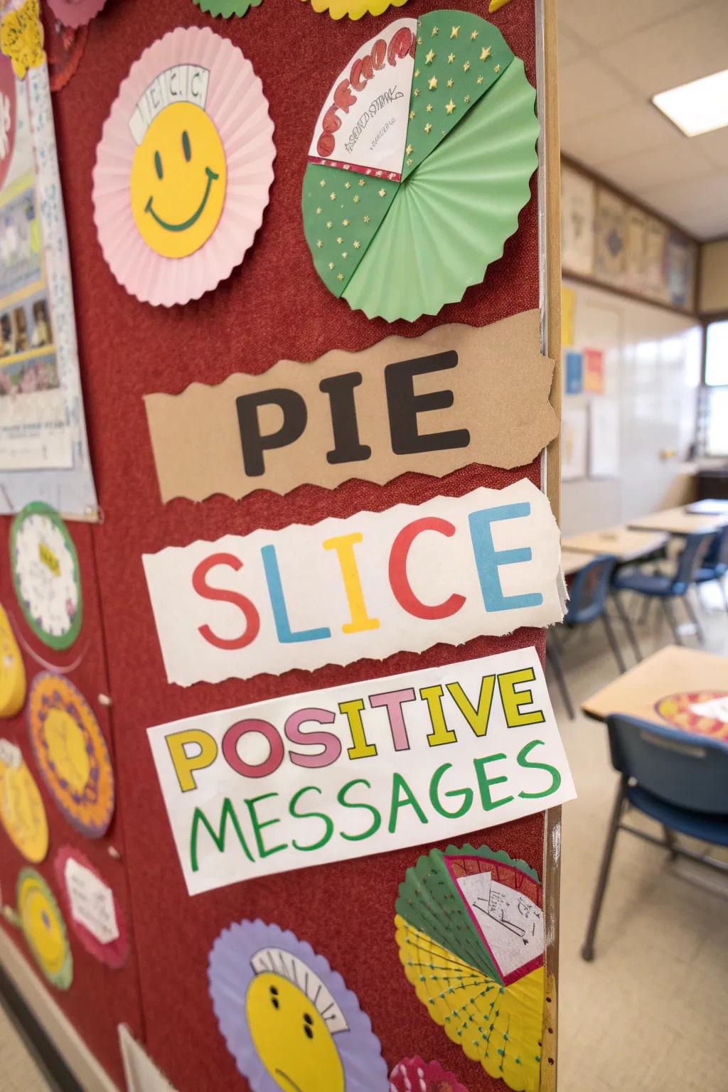'Kindness Slices' bulletin board filled with positivity.