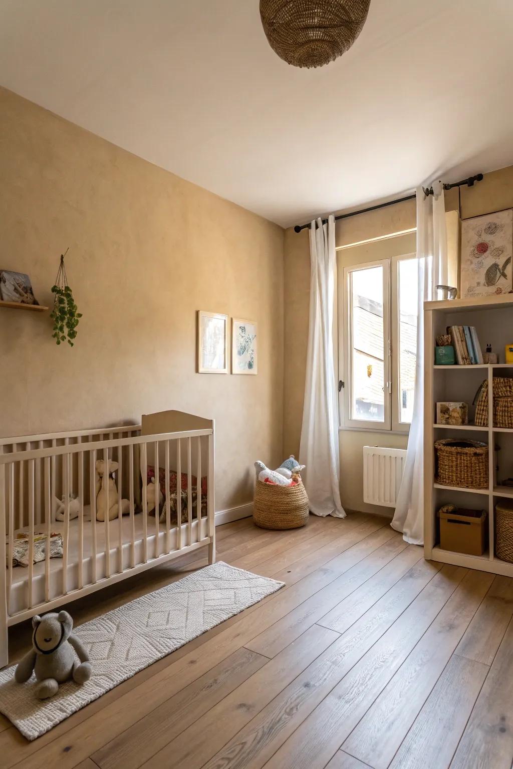 A classic sandy beige nursery with inviting undertones.