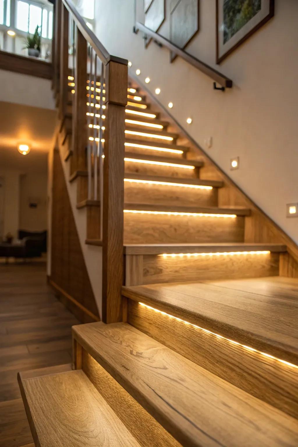 An oak staircase illuminated with subtle, ambient lighting.