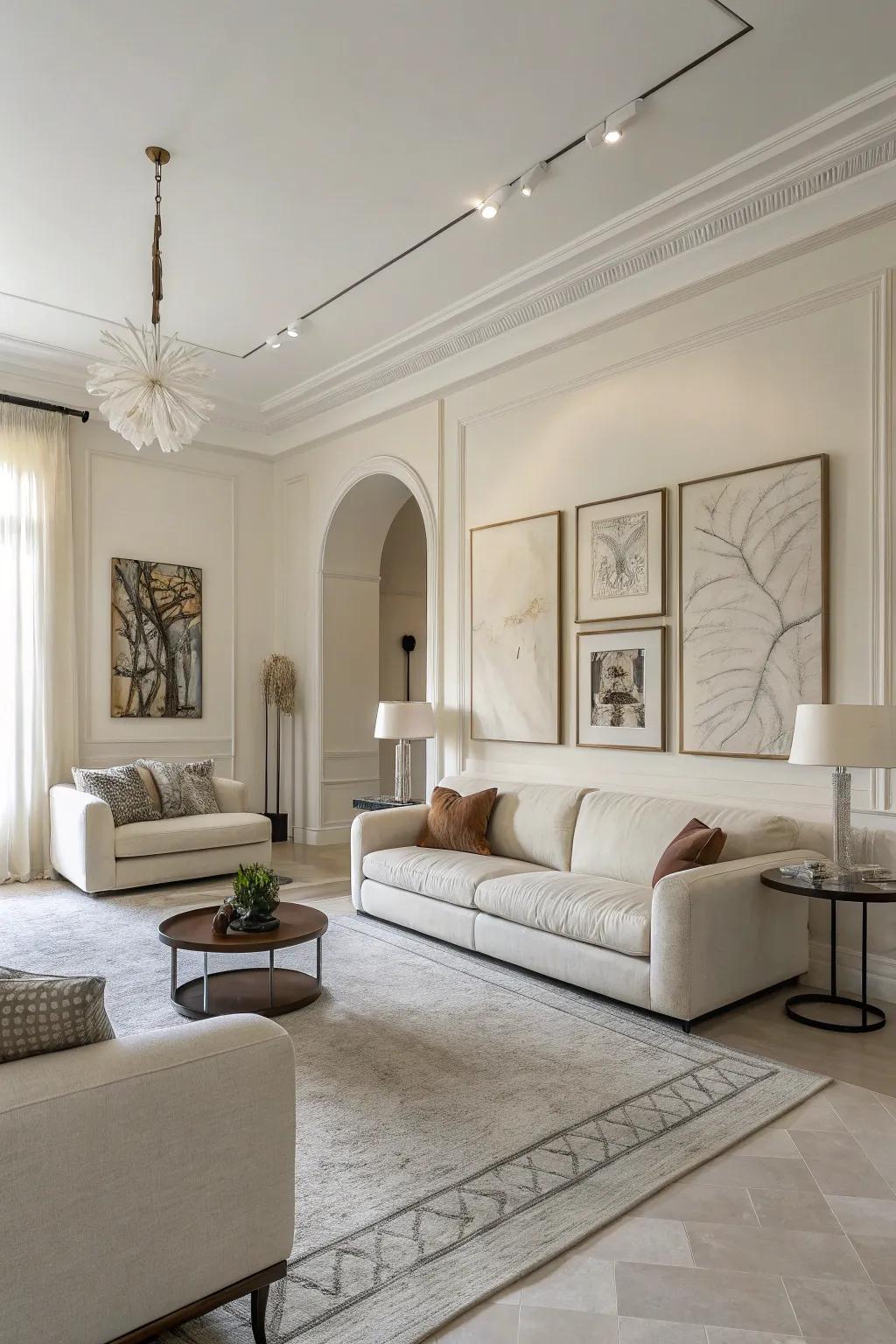 Abstract art introduces character to an off-white living room.