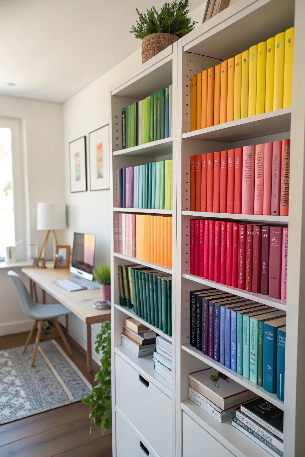 Color-arranged books introduce a lively element.