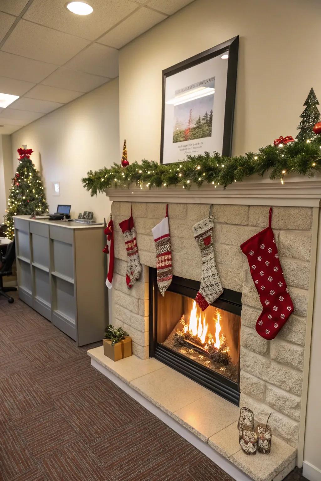 A cozy nook with a fireplace theme warms up any office.