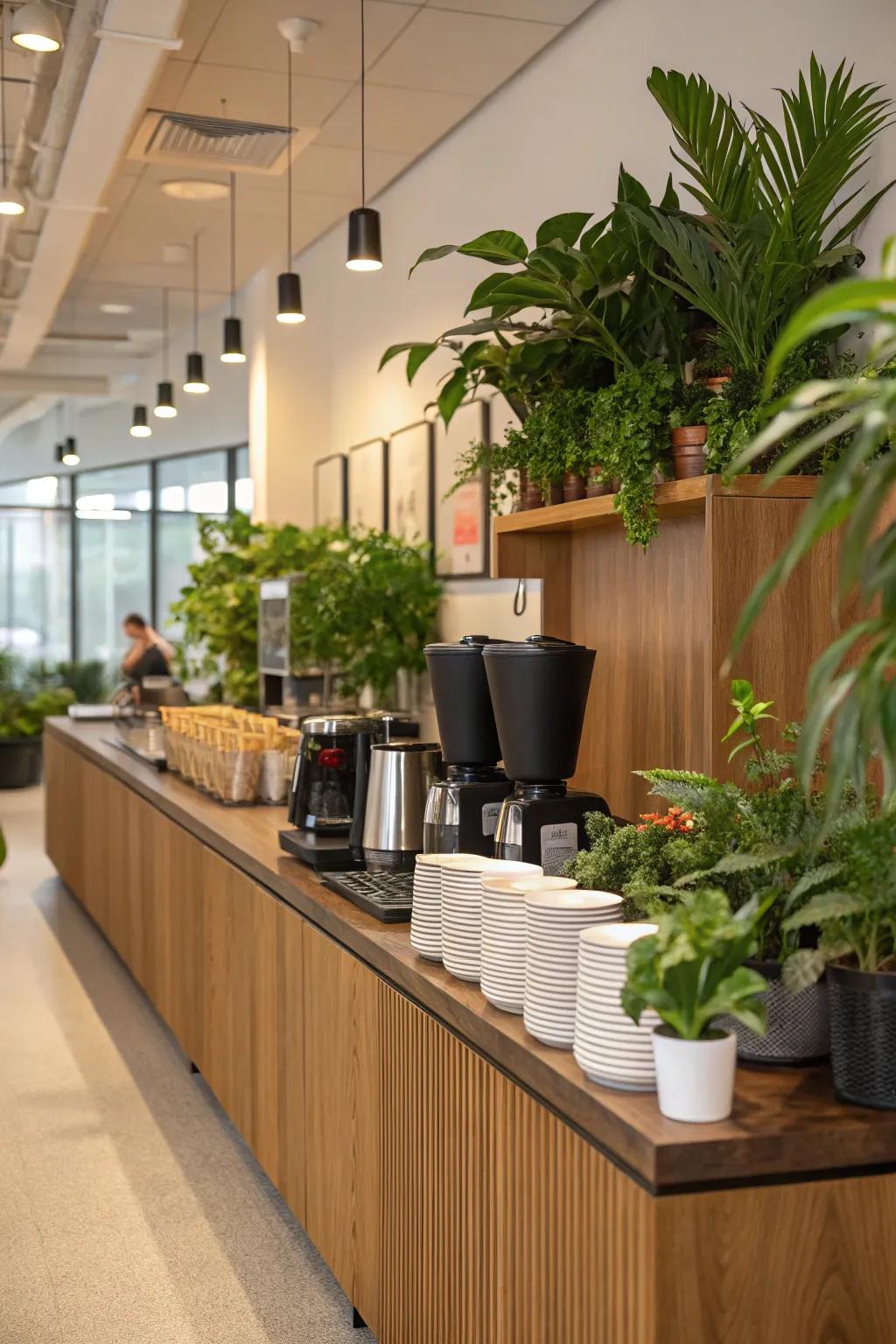 Plants create a soothing vibe for your coffee bar arrangement.
