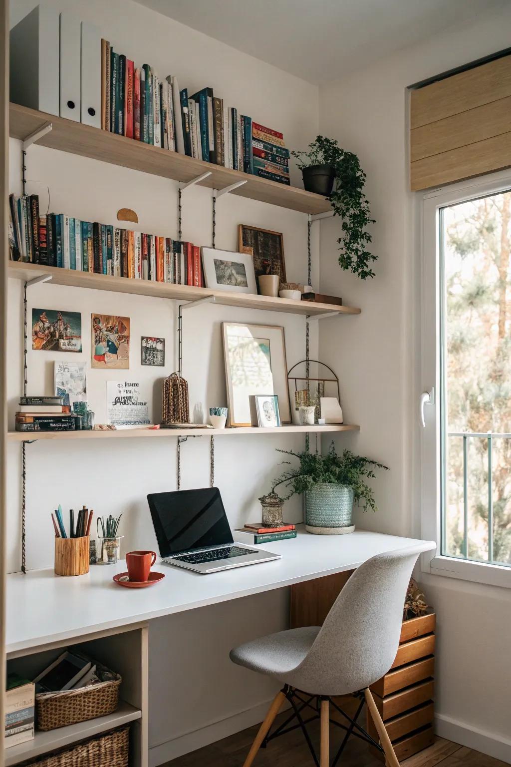 Shelving that goes upward helps keep your workspace organized and free of clutter.