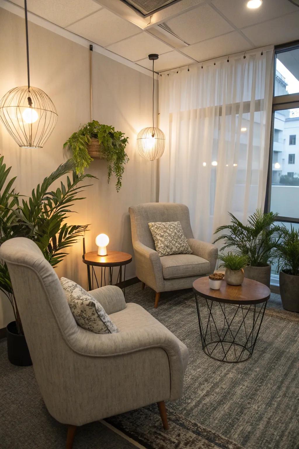 Soft lighting fosters a warm and inviting area.