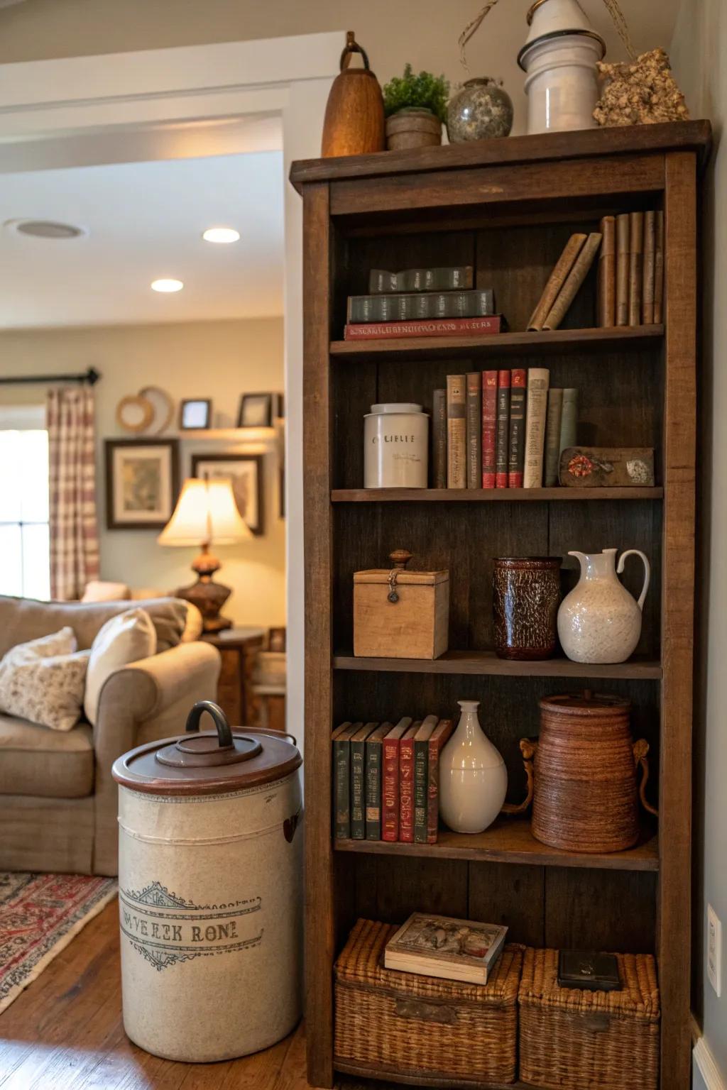 Make a varied design by arranging books and décor with jugs.